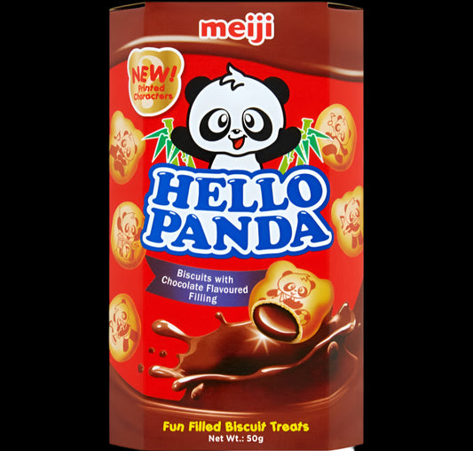 Meiji Hello Panda biscuit packaging with a red and brown design.