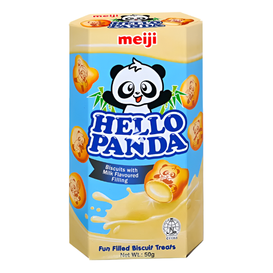 Box of Meiji Hello Panda biscuits with a panda character on a white background