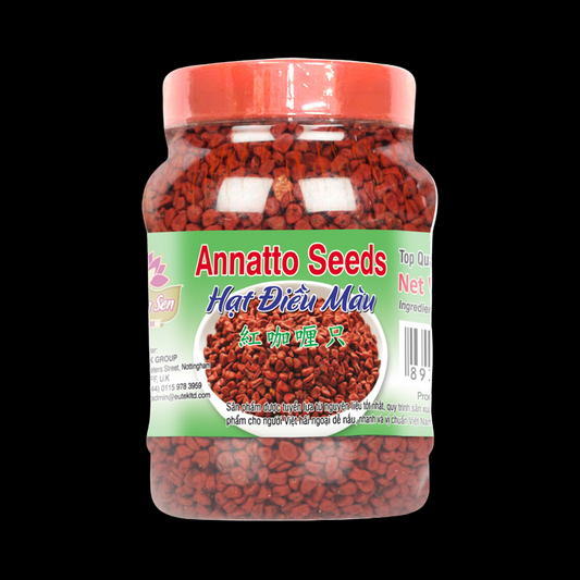 Jar of annatto seeds with a red label  Huong Sen
