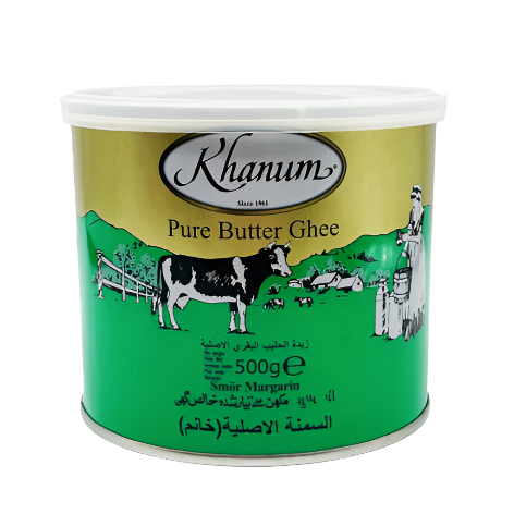Khanum Pure Butter Ghee container with a cow illustration on a green background