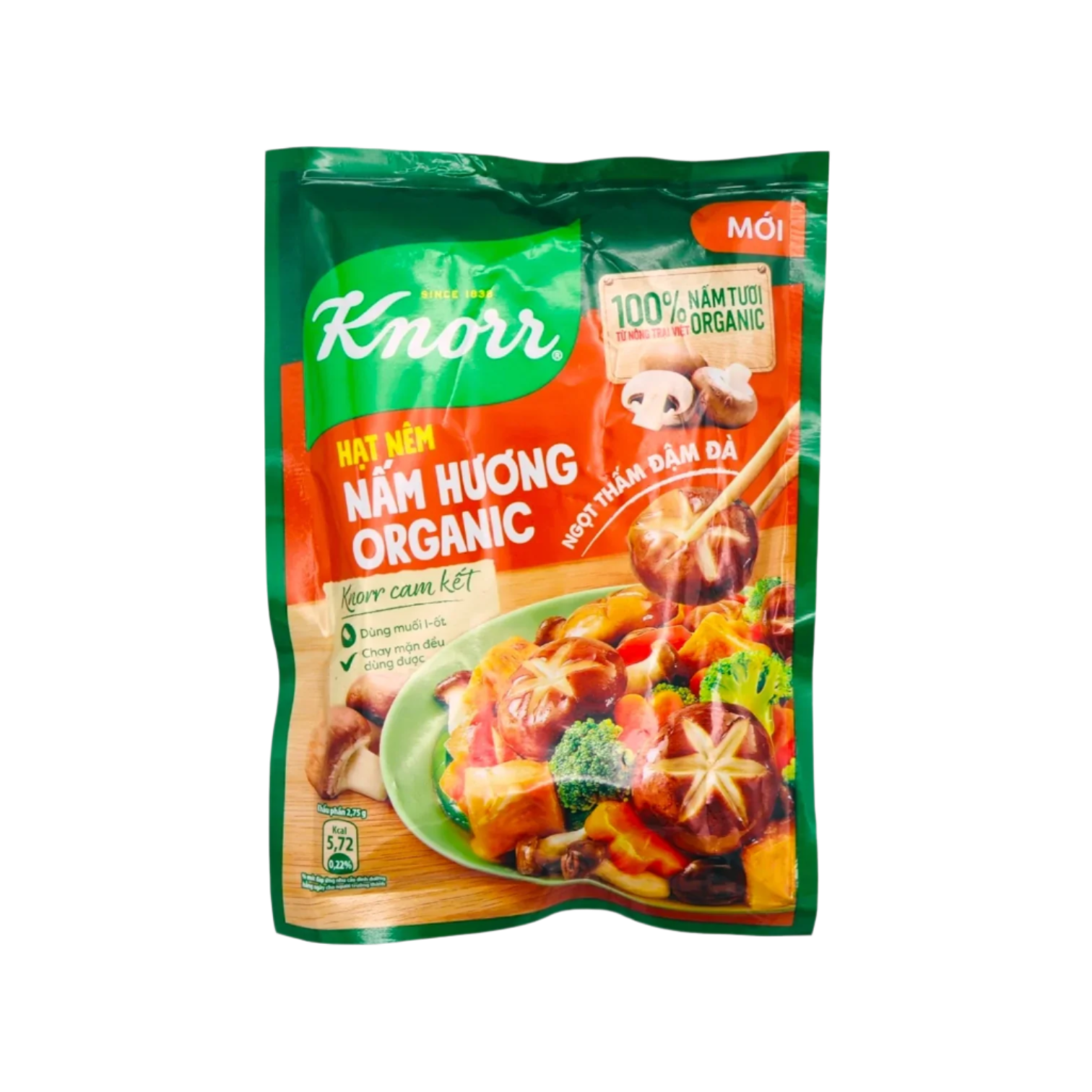 Knorr Organic seasoning packet with green and orange design on a clear background