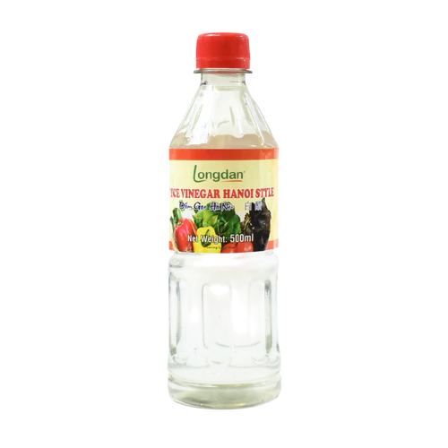 Bottle of Longdan rice vinegar with a red cap on a white background
