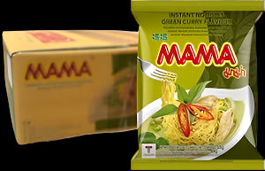 MAMA brand green curry flavor instant noodles packaging with a box in the background.