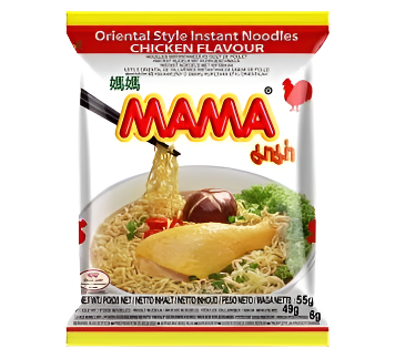 Pack of Mama chicken-flavored instant noodles on a white background