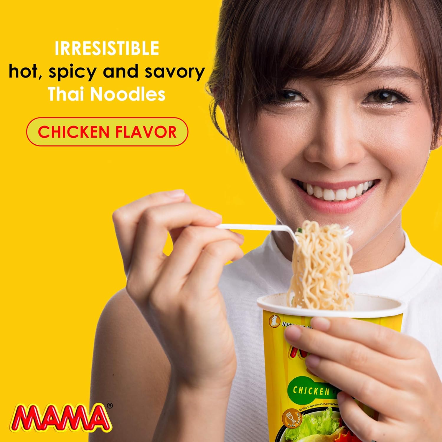 Woman eating instant noodles with a yellow background and 'MAMA' branding.