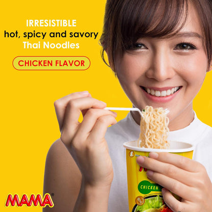 Woman eating instant noodles with a yellow background and 'MAMA' branding.