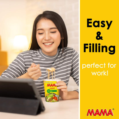 Woman holding a MAMA product with text 'Easy & Filling, perfect for work!' on a yellow background