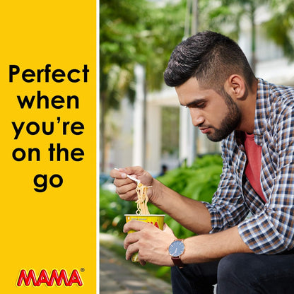 Man eating from a yellow cup with text 'Perfect when you're on the go' and brand logo.