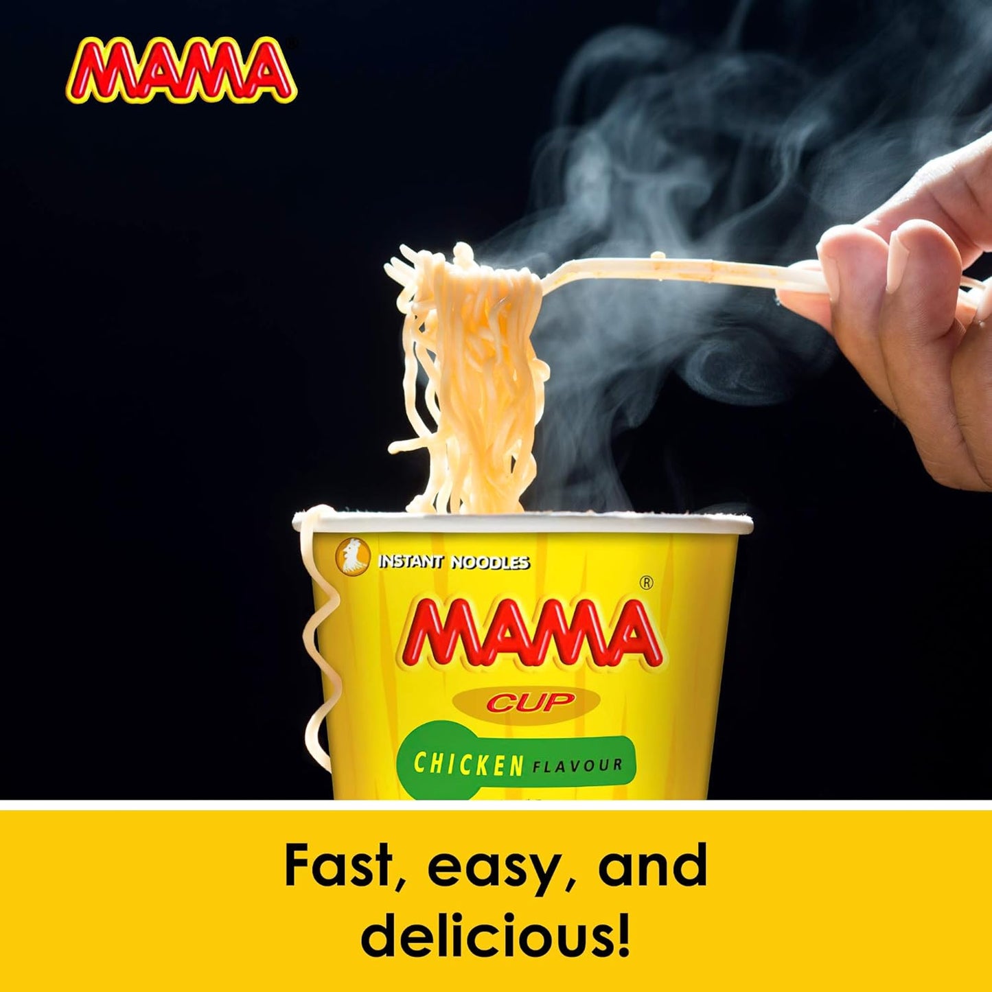 Mama instant noodles cup with steaming noodles against a black background