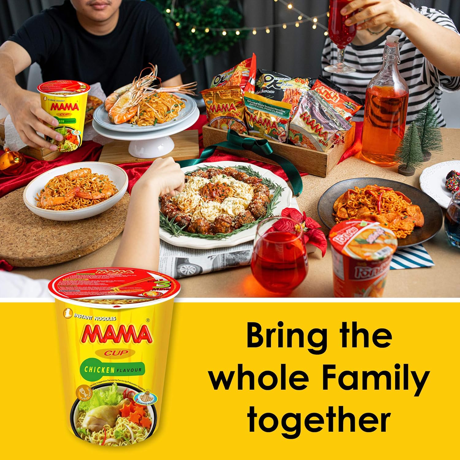 People enjoying a meal together with MAMA brand products on a table.