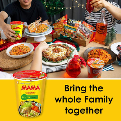 People enjoying a meal together with MAMA brand products on a table.