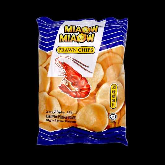 Packaged prawn chips with 'Miaow Miaow' branding 