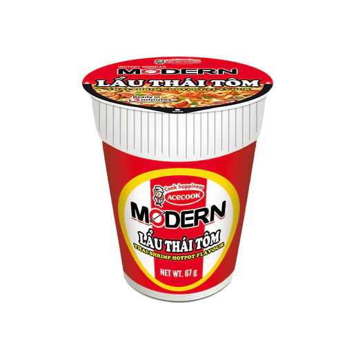 Cup of Modern Láu Thái Tôm with red and white packaging on a white background