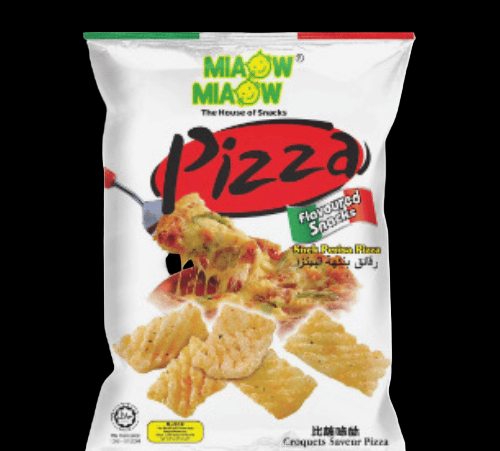 Package of Miaow Miaow Pizza-flavored snacks with a black background
