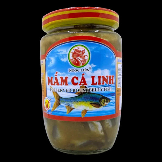 Jar of Mám Cá Linh preserved round belly fish with a colorful label