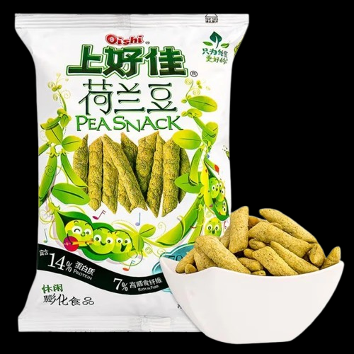 Oishi pea snack packaging with a bowl of snacks on a black background