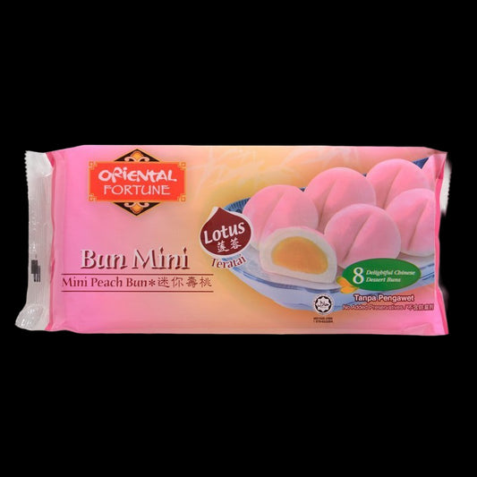 Packaging of Oriental Fortune Lotus Bun Mini with pink and white design