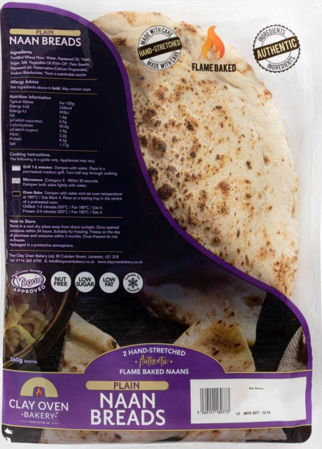 Package of Clay Oven Bakery plain naan breads with purple and white design.