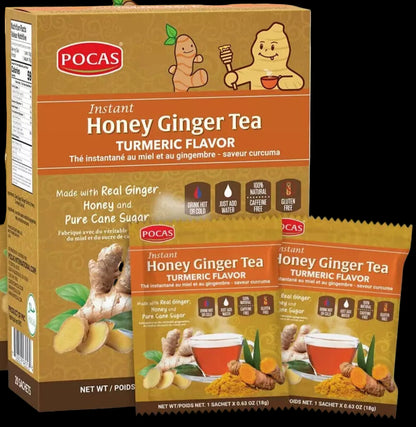 Pocas Instant Honey Ginger Tea packaging with box and packets 