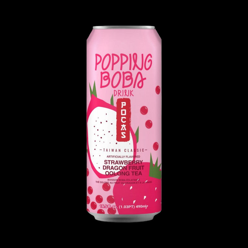 Pink can of Popping Boba Drink with dragon fruit