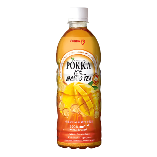 Pokka Ice Mango Tea bottle on a clear background