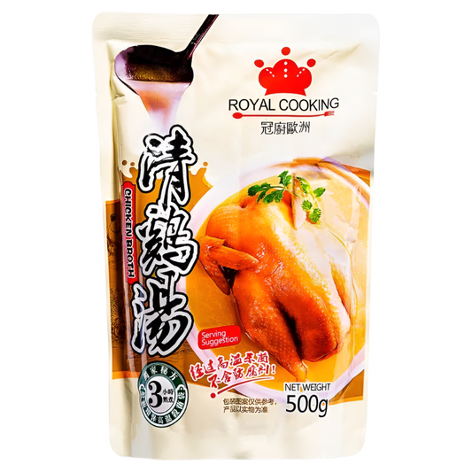 Packaging of ROYAL COOKING chicken soup with a chicken image on a Transparent background