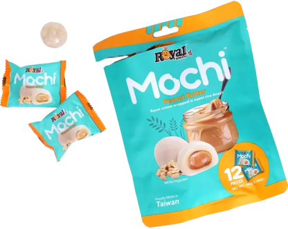 Royal Mochi Peanut Butter mochi snack package with two individual mochi snacks 