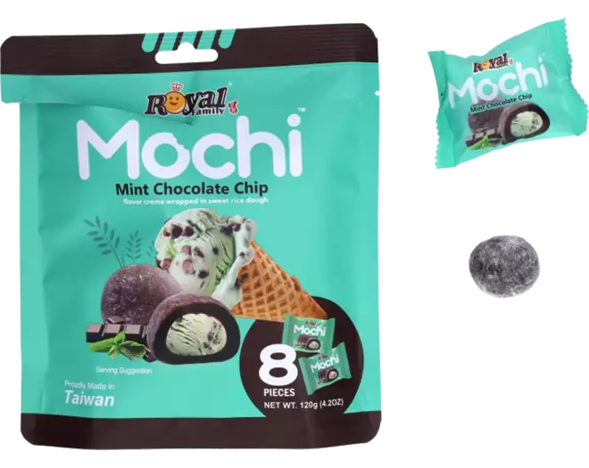 Mochi mint chocolate chip snack package with a small packet and mochi ball 