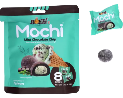 Mochi mint chocolate chip snack package with a small packet and mochi ball 