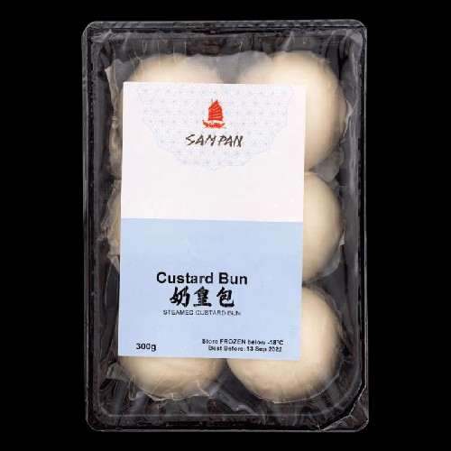 Packaged custard buns with a San Pan label on a black background