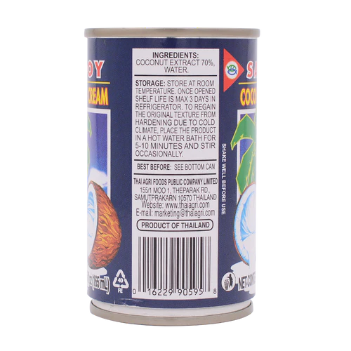 Back label of a can of coconut cream with text and branding.