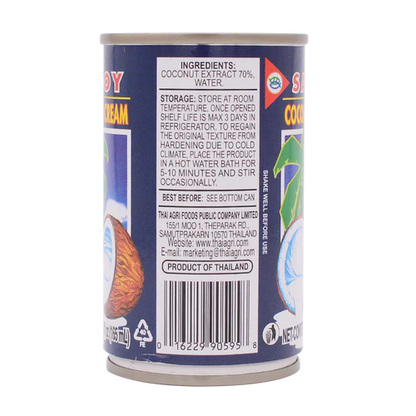 Back label of a can of coconut cream with text and branding.