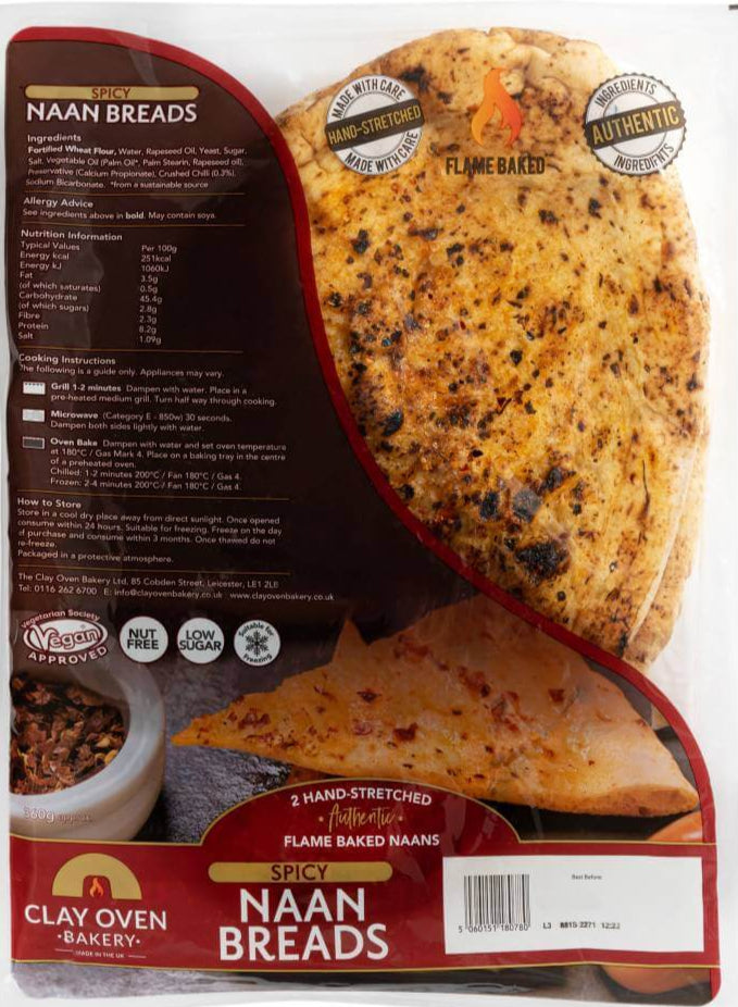 Packaged Spicy naan breads with branding and product details 