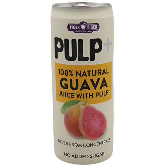 Can of Tiger Tiger Pulp+ 100% Natural Guava Juice with Pulp on a clear background
