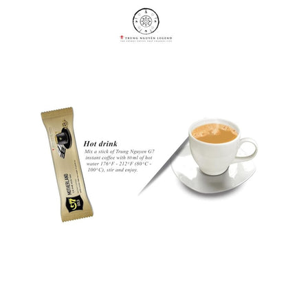 Trung Nguyen Legend instant coffee package with a cup of coffee on a white background