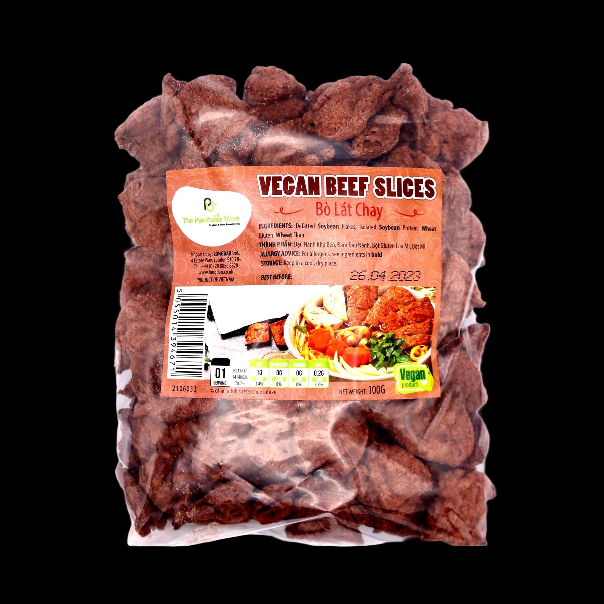 Packaged vegan beef slices with a clear front, showing the product inside