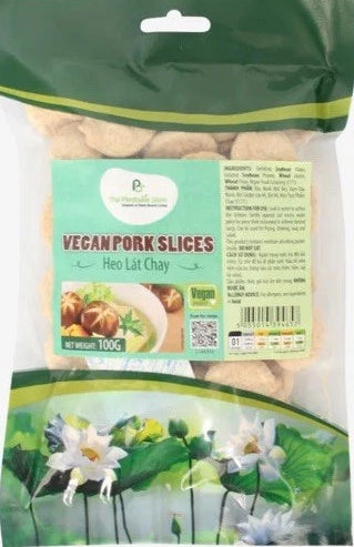Packaged vegan pork slices with a green and white label on a white background