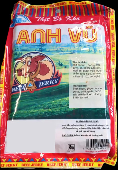 Anh Vu Beef Jerky packaging with colorful design and text.
