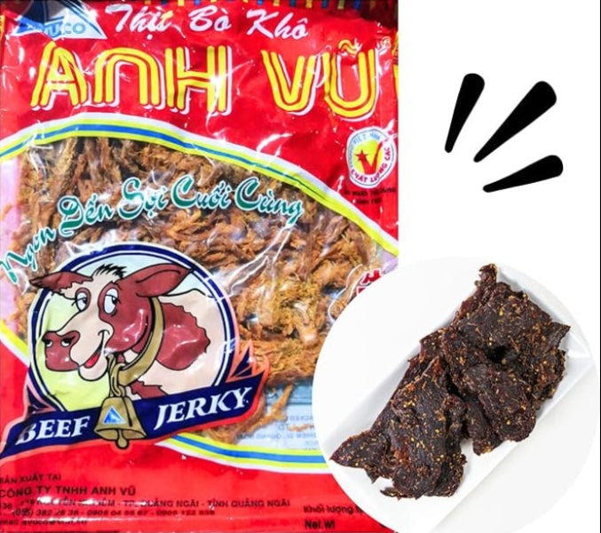 Anh Vu beef jerky package with a sample of jerky on a white plate.