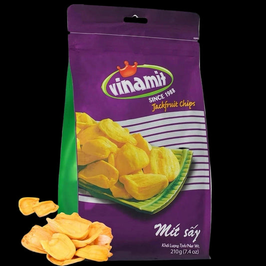 Purple package of Vinamilk Jackfruit Chips with chips displayed in front