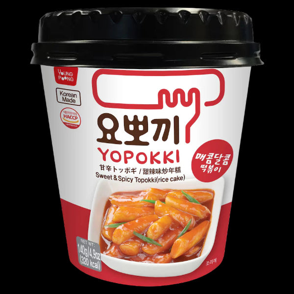 Yopokki sweet and spicy topokki rice cake packaging with black lid and red and white label.